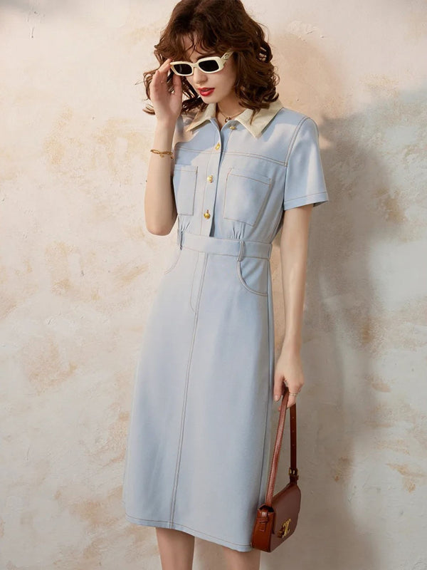Dress Women A-Line Turn-Down Collar Front Button Short Sleeve