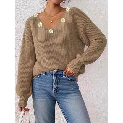 Sweater Women Oversized V-Neck Flower Detail