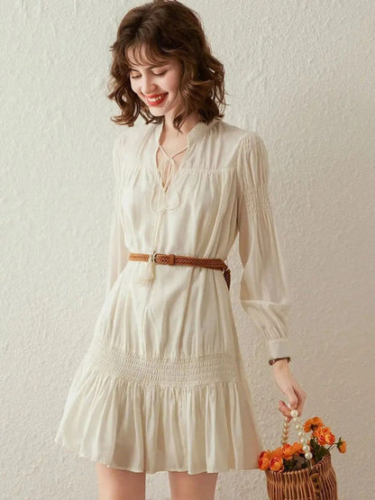 Dress Women V-Neck Smocked Waist A-Line Mini