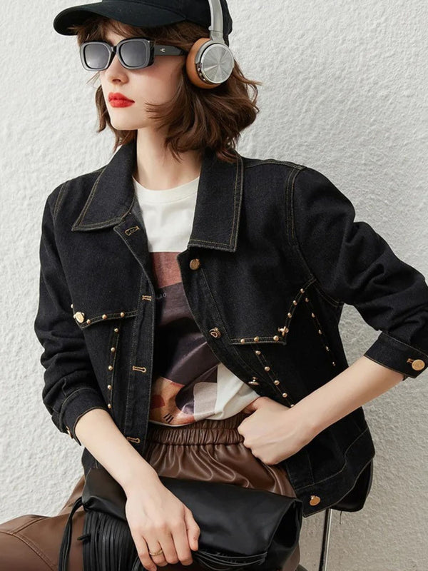 Jacket Women Retro Studs Rivet Detail Turn-Down Collar