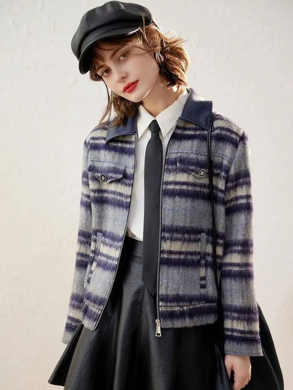 Jacket Women Striped Zip & Button Detail Turn-Down Collar