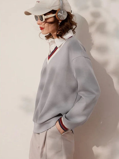 Sweater Women Layered-Look Folded Collar Relaxed Fit