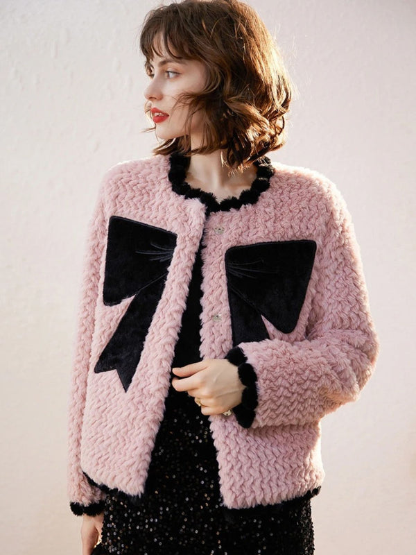 Coat Women Bow-Accent Faux-Fur Full-Length