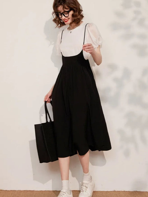 Dress Women Sleeved Blouse Layered Combo A-Line Suspender