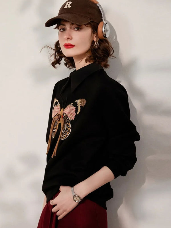 Sweater Women Embroidered Butterfly Crew Neck Relaxed Fit