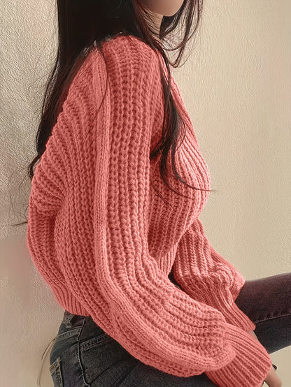 Sweater Women Ribbed Knit Cropped Crew Neck
