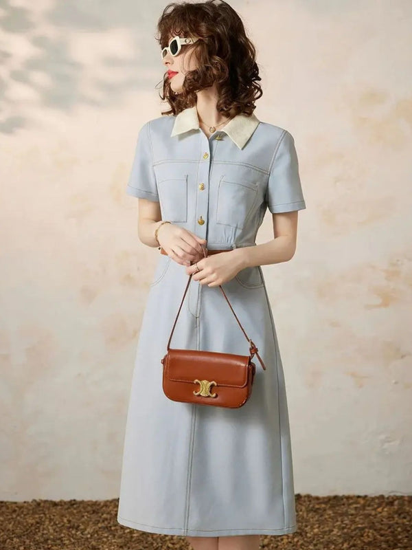 Dress Women A-Line Turn-Down Collar Front Button Short Sleeve