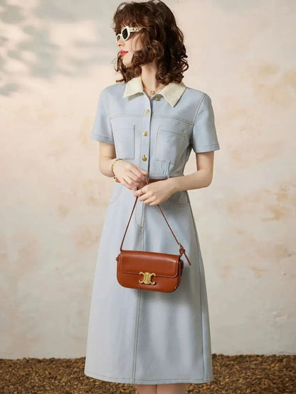 Dress Women A-Line Turn-Down Collar Front Button Short Sleeve