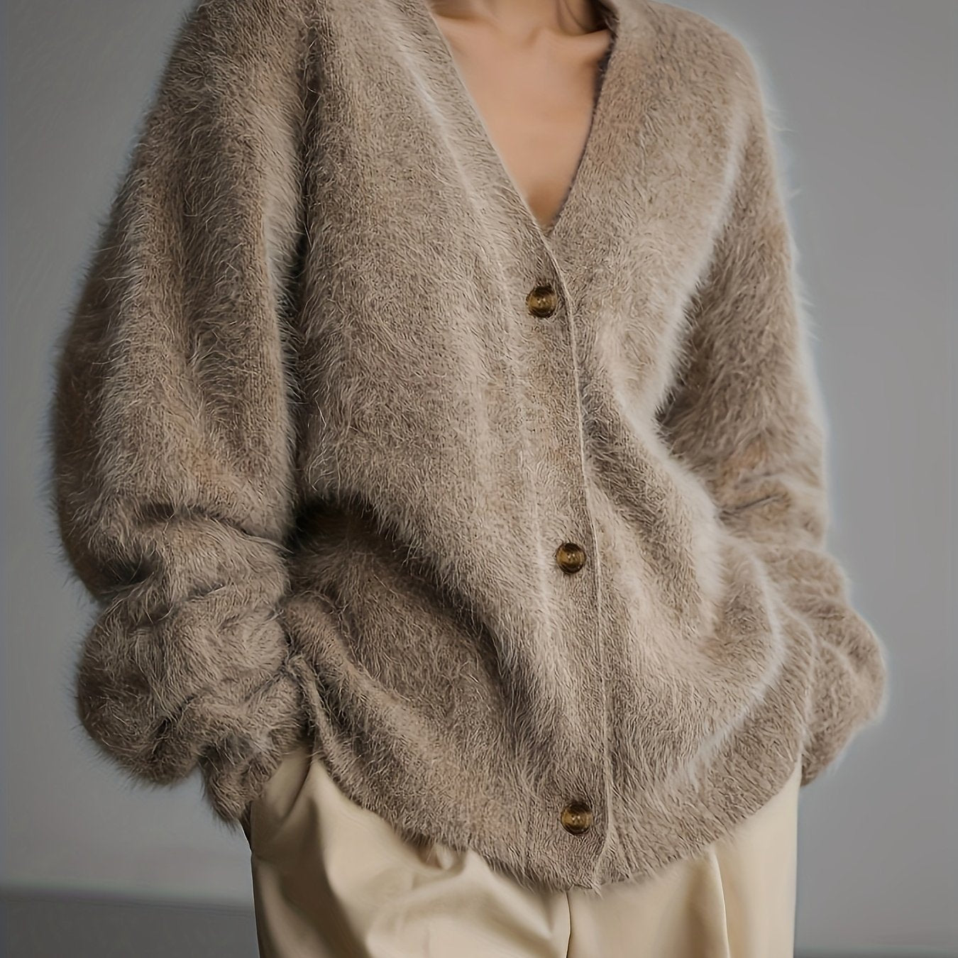Sweater Women Oversized Off-Shoulder Fuzzy Button Design