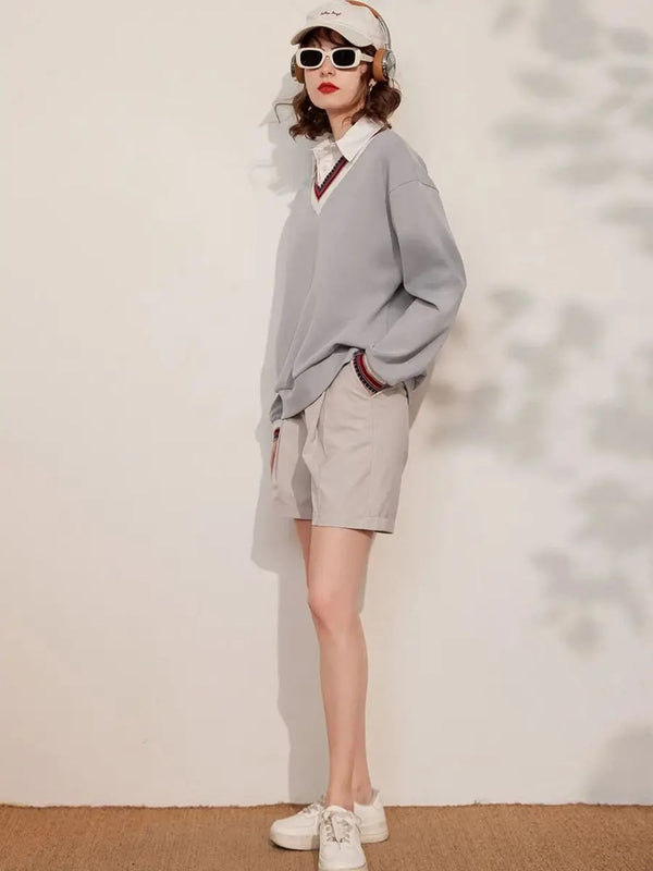 Sweater Women Layered-Look Folded Collar Relaxed Fit