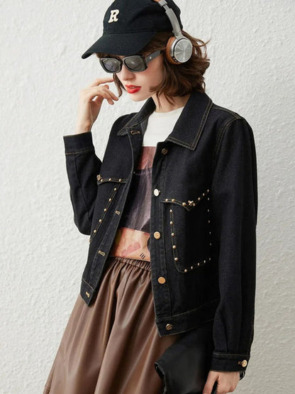 Jacket Women Retro Studs Rivet Detail Turn-Down Collar
