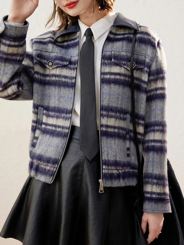 Jacket Women Striped Zip & Button Detail Turn-Down Collar