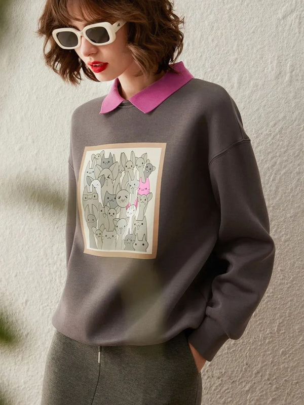 Sweater Women Contrasting Collar Dropped-Sleeves Relaxed Fit