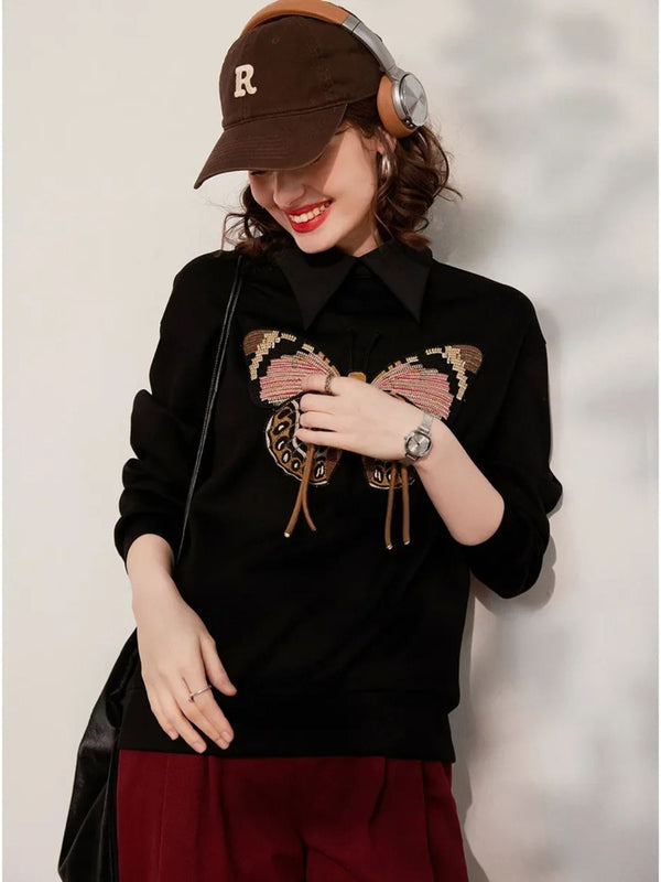 Sweater Women Embroidered Butterfly Crew Neck Relaxed Fit
