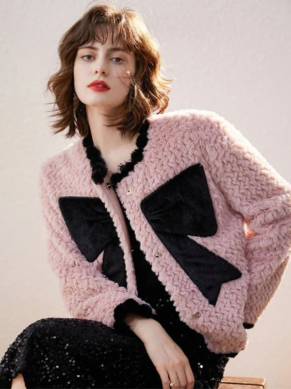 Coat Women Bow-Accent Faux-Fur Full-Length