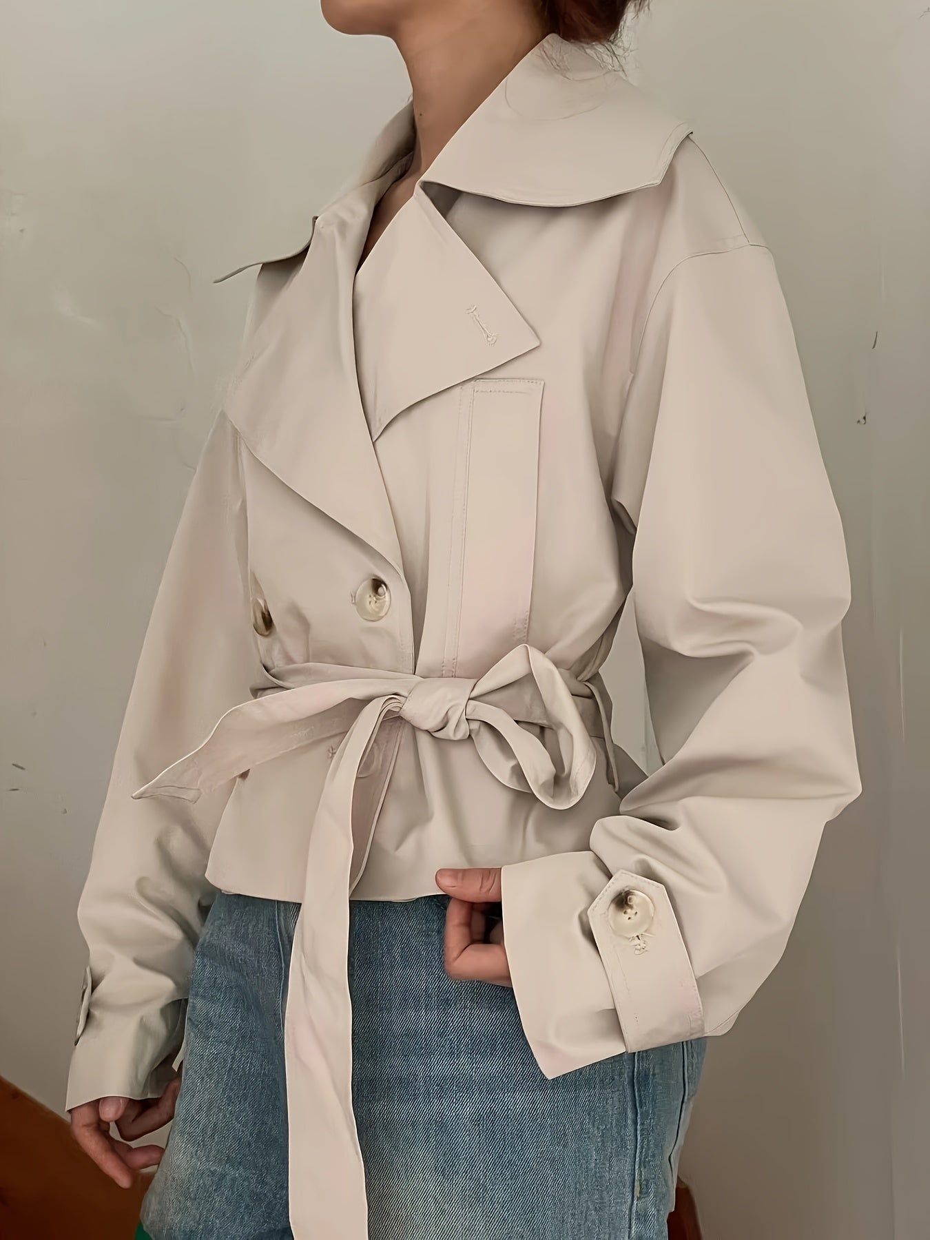Trench Coat Women Cropped Double-Breasted Outerwear