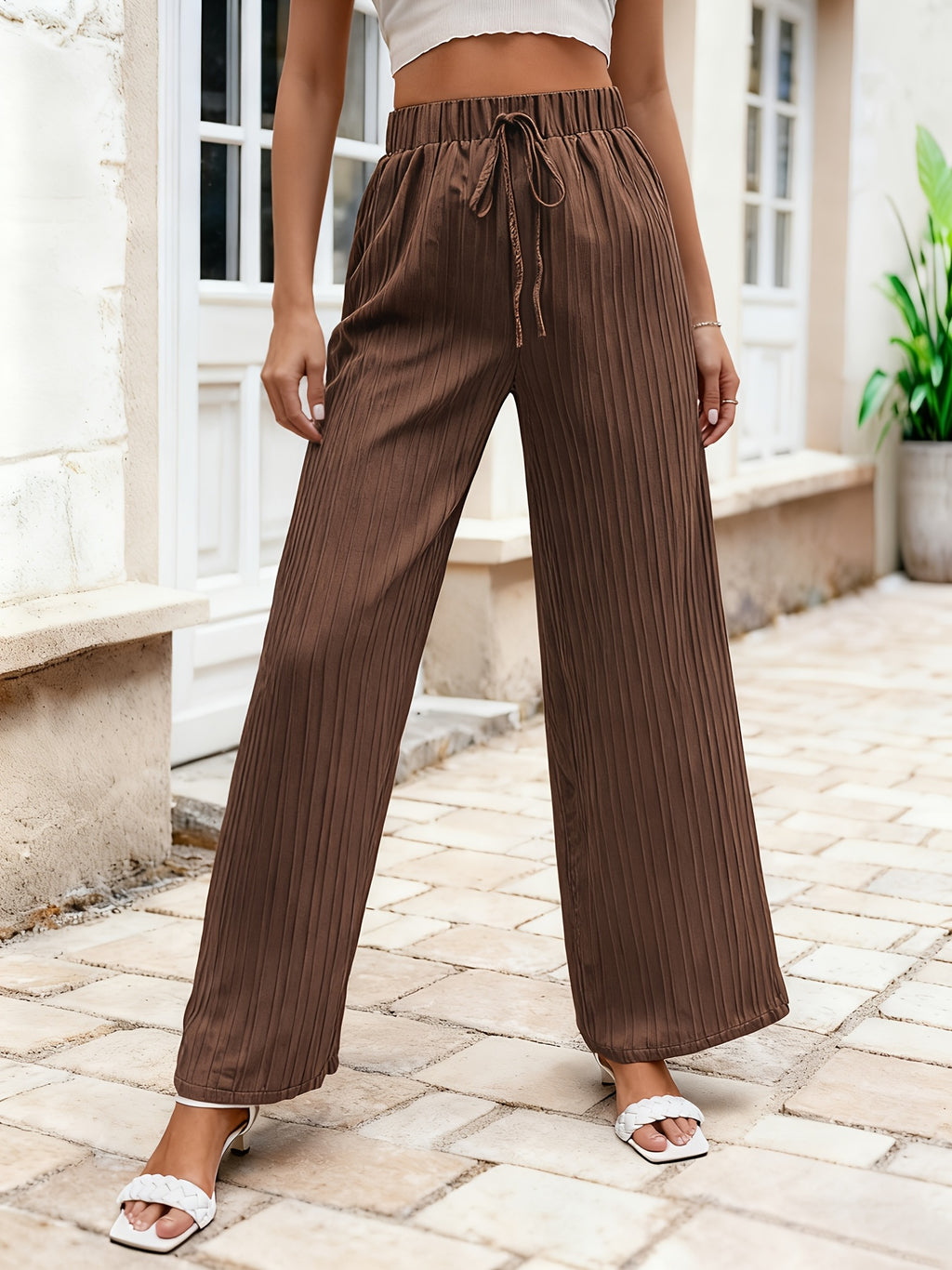 Pants Women Pleated Wide-Leg Drawstring Fit