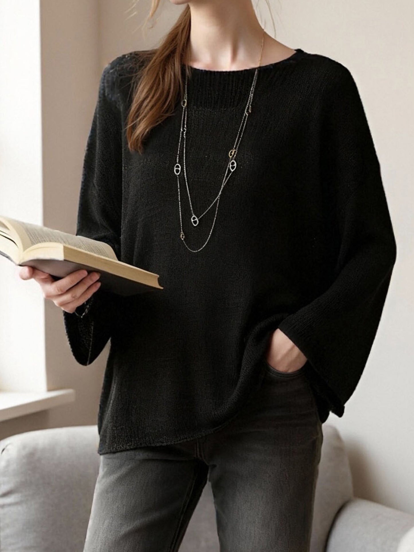 Sweater Women Loose Fit Crew Neck Textured Design