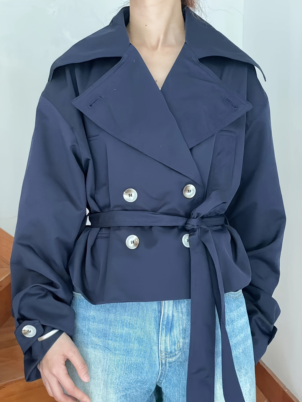 Trench Coat Women Cropped Double-Breasted Outerwear