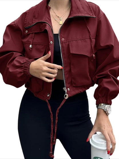 Jacket Women Cropped Utility Bomber Jacket with Pockets