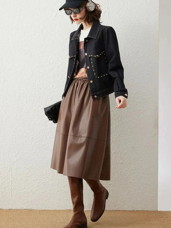 Jacket Women Retro Studs Rivet Detail Turn-Down Collar