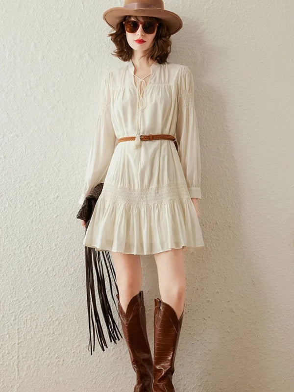 Dress Women V-Neck Smocked Waist A-Line Mini