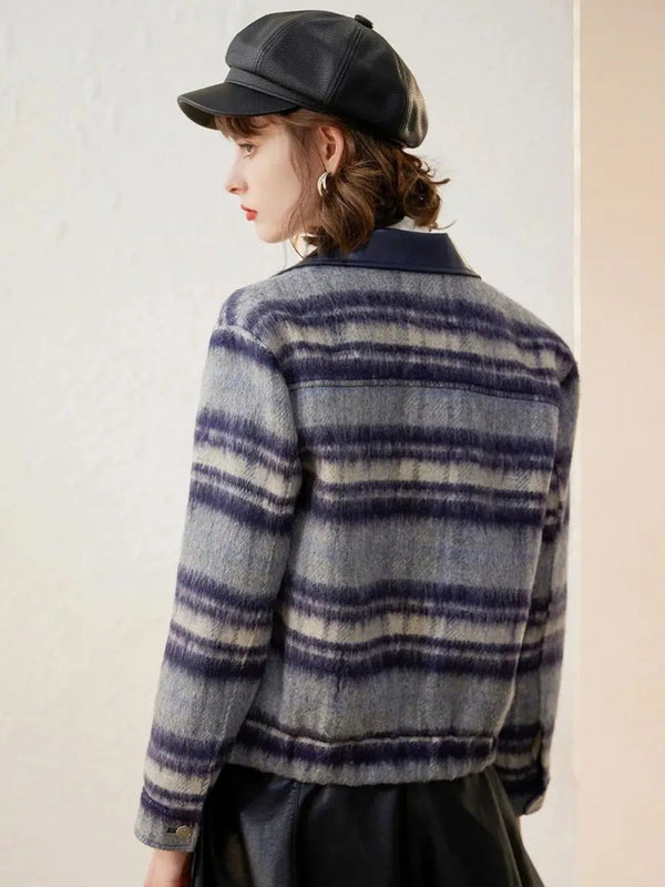 Jacket Women Striped Zip & Button Detail Turn-Down Collar