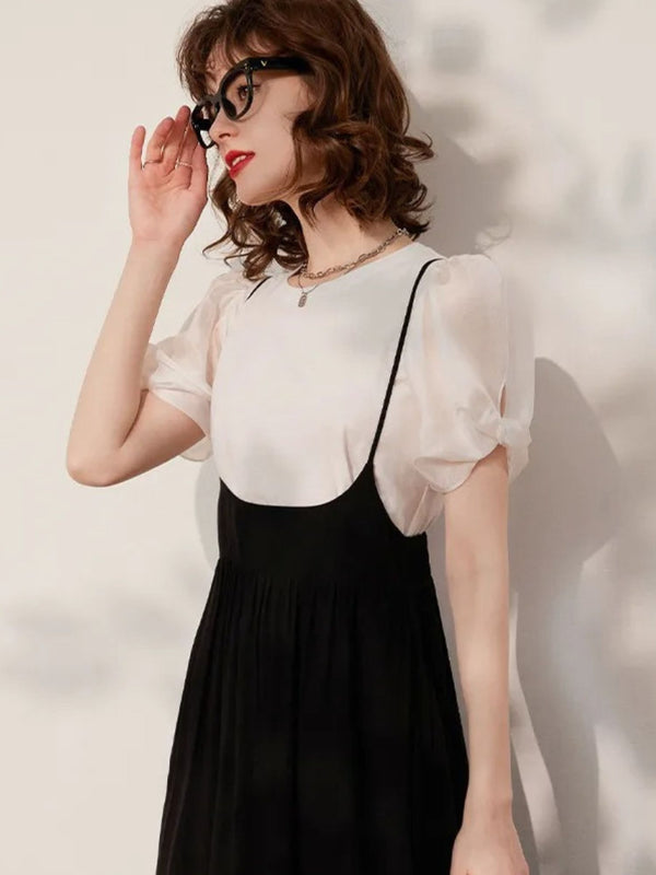 Dress Women Sleeved Blouse Layered Combo A-Line Suspender