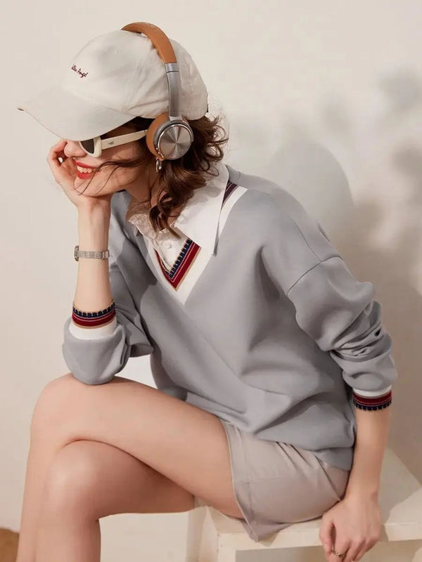 Sweater Women Layered-Look Folded Collar Relaxed Fit