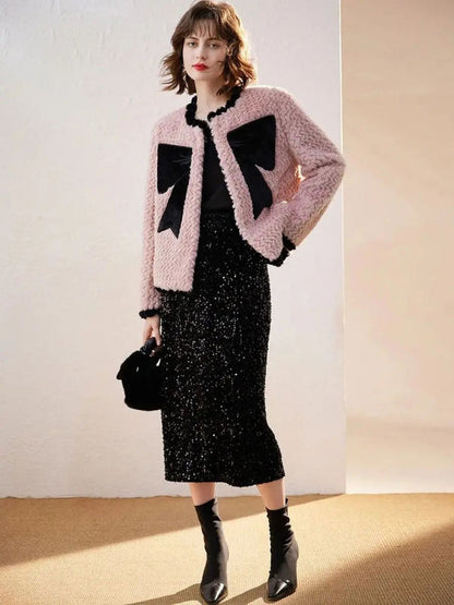 Coat Women Bow-Accent Faux-Fur Full-Length