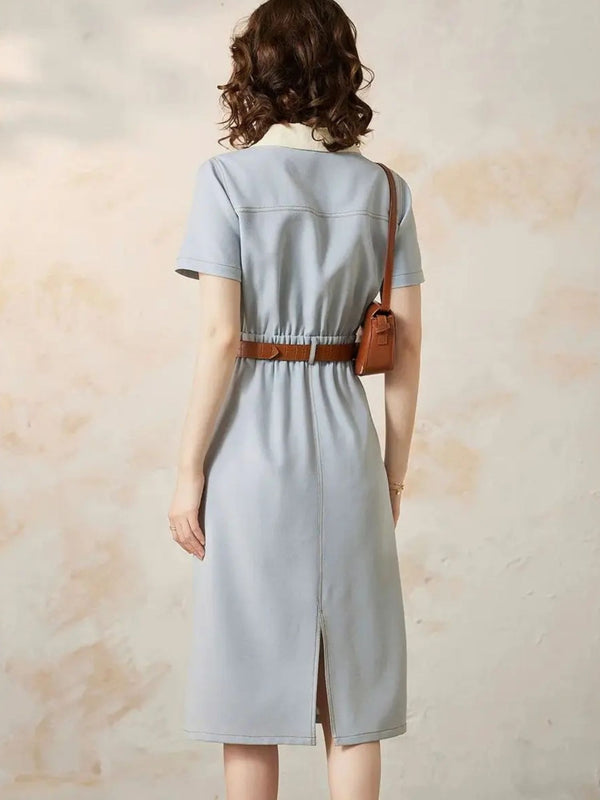 Dress Women A-Line Turn-Down Collar Front Button Short Sleeve