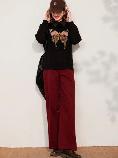 Sweater Women Embroidered Butterfly Crew Neck Relaxed Fit