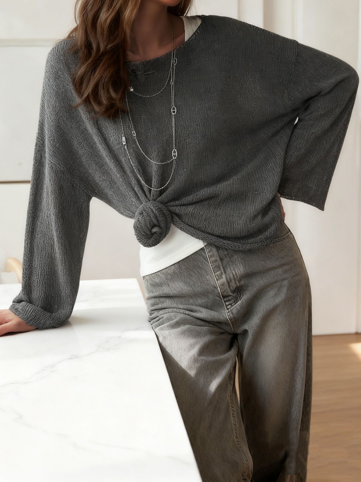 Sweater Women Loose Fit Crew Neck Textured Design