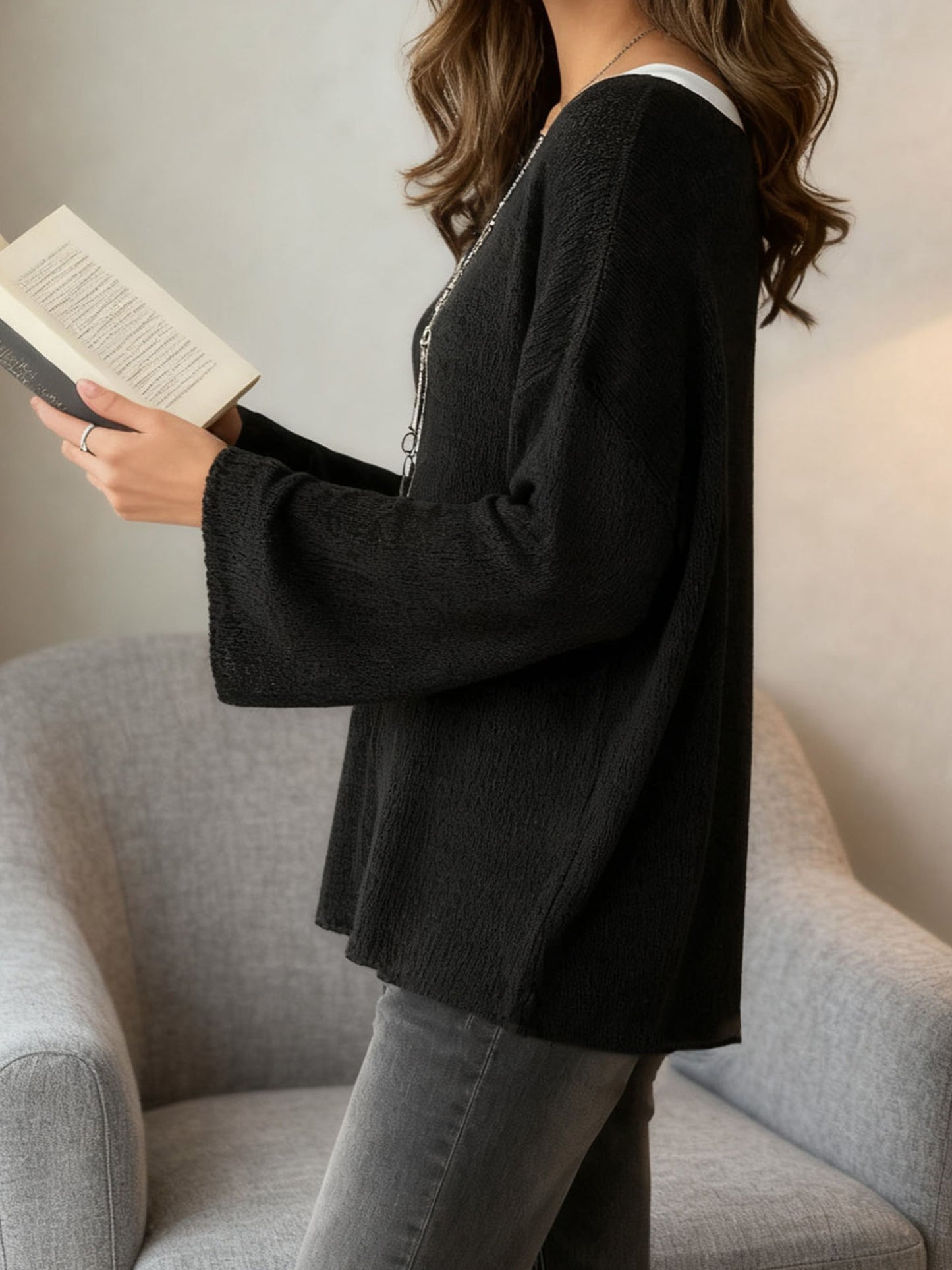 Sweater Women Loose Fit Crew Neck Textured Design