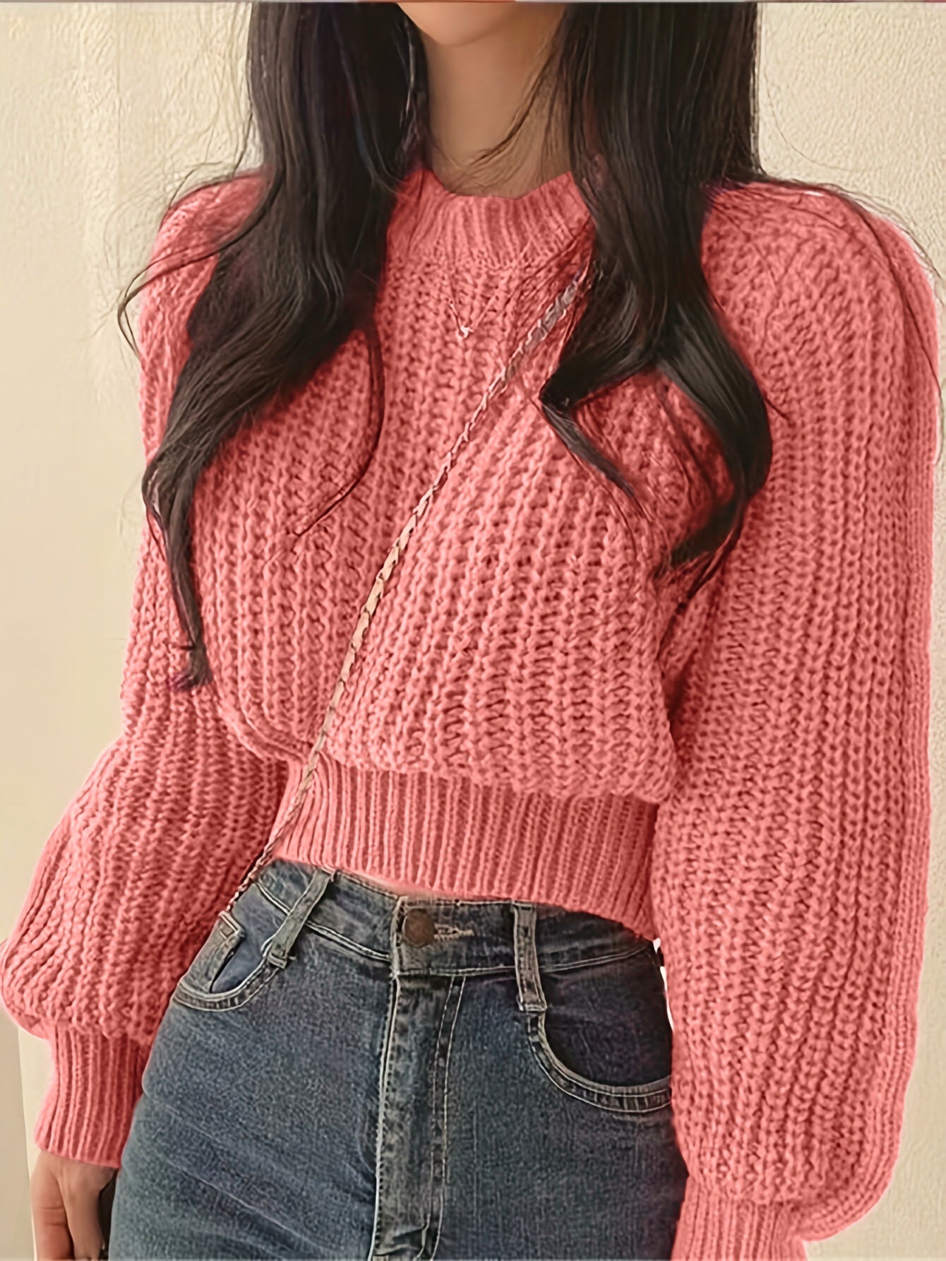 Sweater Women Ribbed Knit Cropped Crew Neck