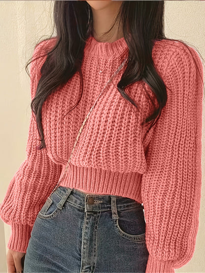 Sweater Women Ribbed Knit Cropped Crew Neck