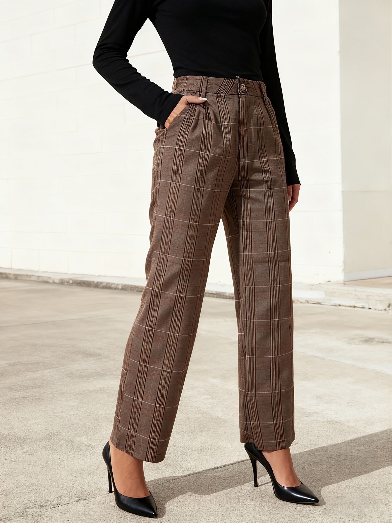 Pants Women Straight-Leg High-Rise Plaid Pattern