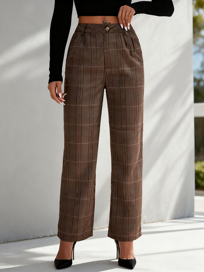 Pants Women Straight-Leg High-Rise Plaid Pattern