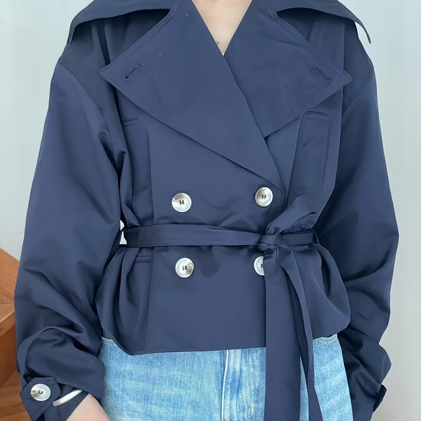 Trench Coat Women Cropped Double-Breasted Outerwear