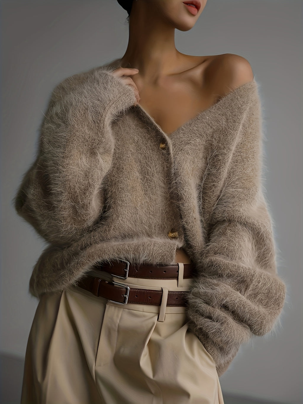 Sweater Women Oversized Off-Shoulder Fuzzy Button Design