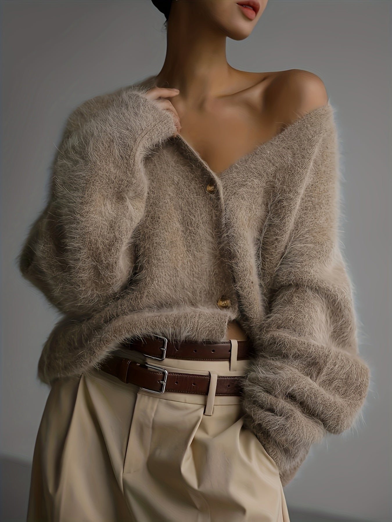 Sweater Women Oversized Off-Shoulder Fuzzy Button Design
