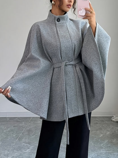 Women’s cape coat with waist tie and stand-up collar