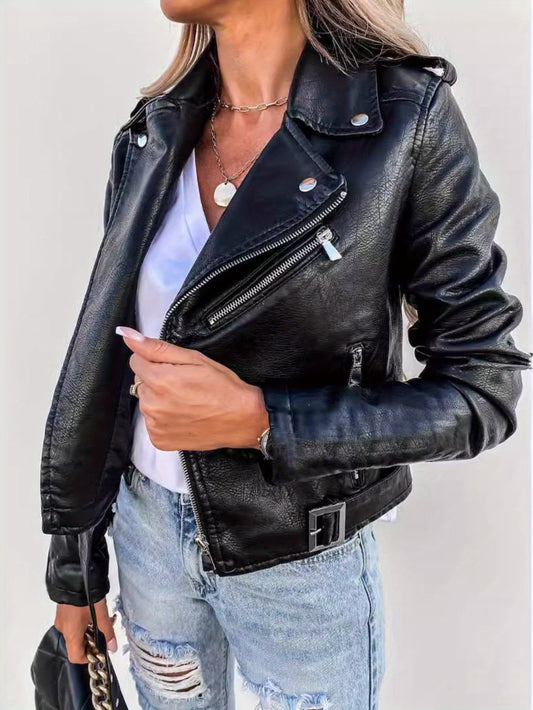 Jacket Women Cropped Biker with Zipper & Buckle Details