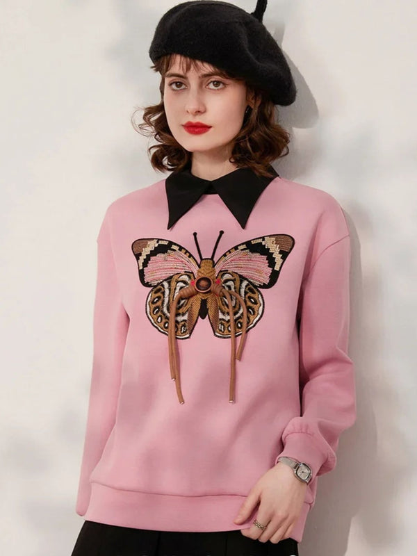Sweater Women Embroidered Butterfly Crew Neck Relaxed Fit