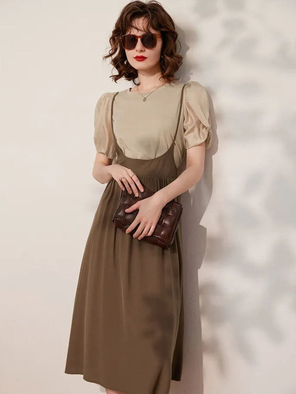 Dress Women Sleeved Blouse Layered Combo A-Line Suspender