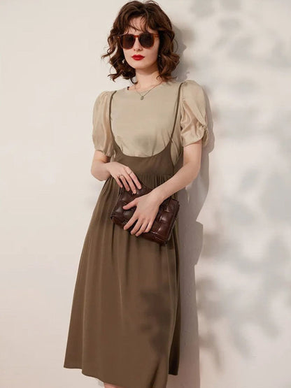 Dress Women Sleeved Blouse Layered Combo A-Line Suspender