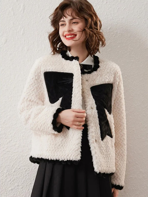 Coat Women Bow-Accent Faux-Fur Full-Length