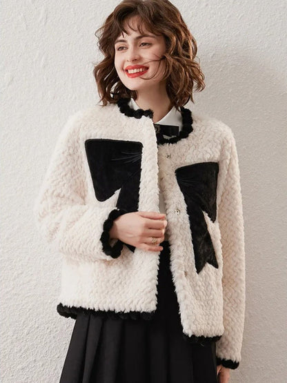 Coat Women Bow-Accent Faux-Fur Full-Length