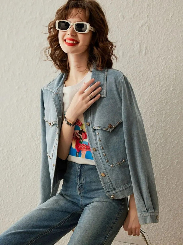 Jacket Women Retro Studs Rivet Detail Turn-Down Collar