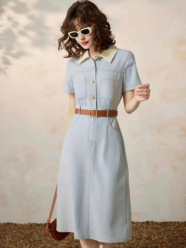 Dress Women A-Line Turn-Down Collar Front Button Short Sleeve